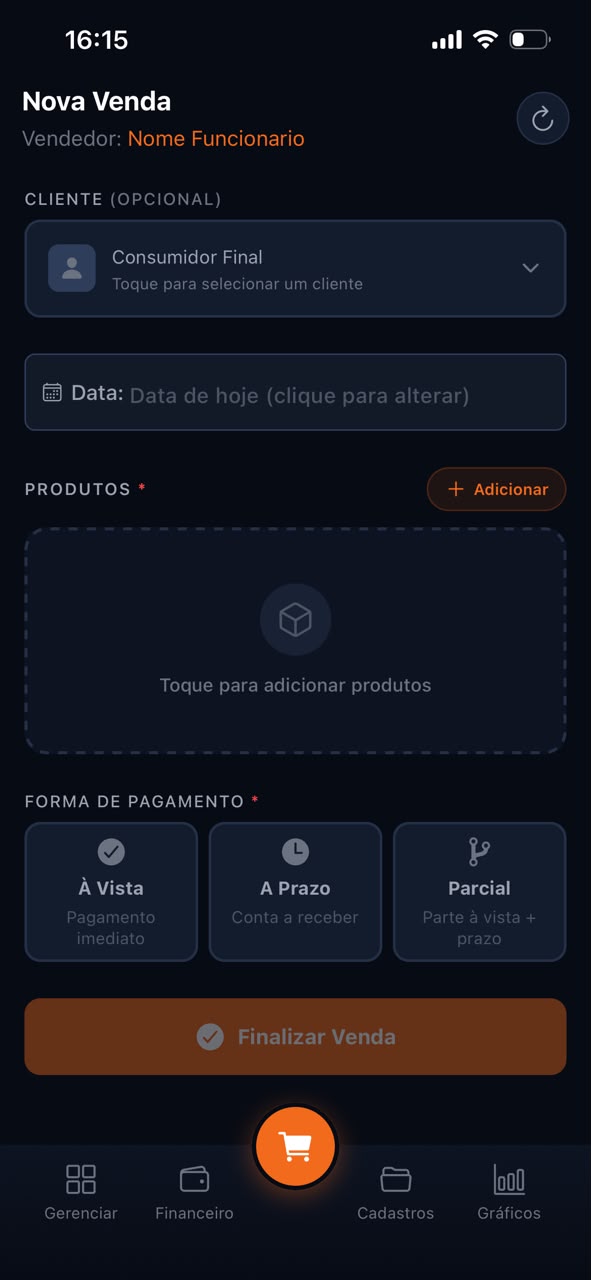 Tela de nova venda do Simges no celular: cliente, produtos e forma de pagamento
